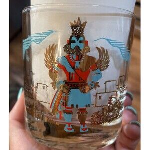 VTG MCM Couroc Hopi Kachina Lowball Glasses Cocktail Tumblers Set Of 7 Blue Gold